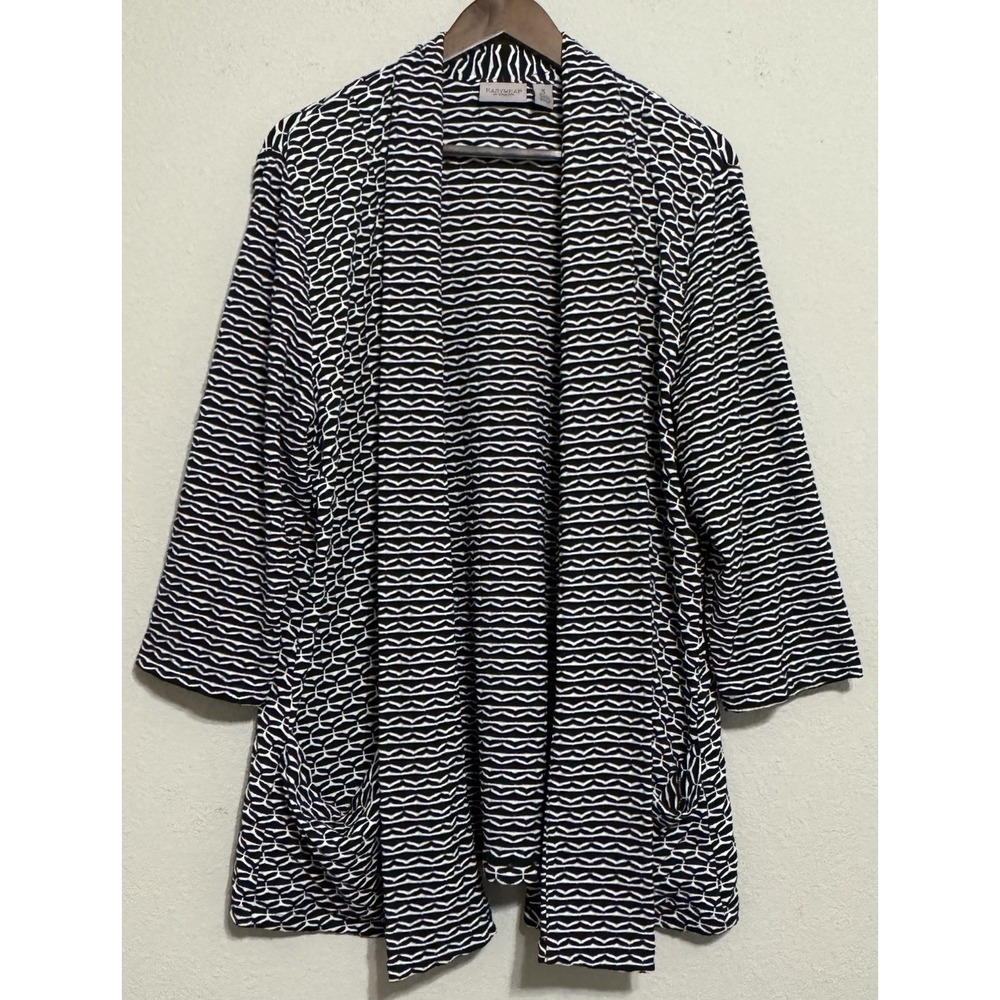 Chicos‎ 3 Open Cardigan Black & White Geometric Pockets Textured Stretch